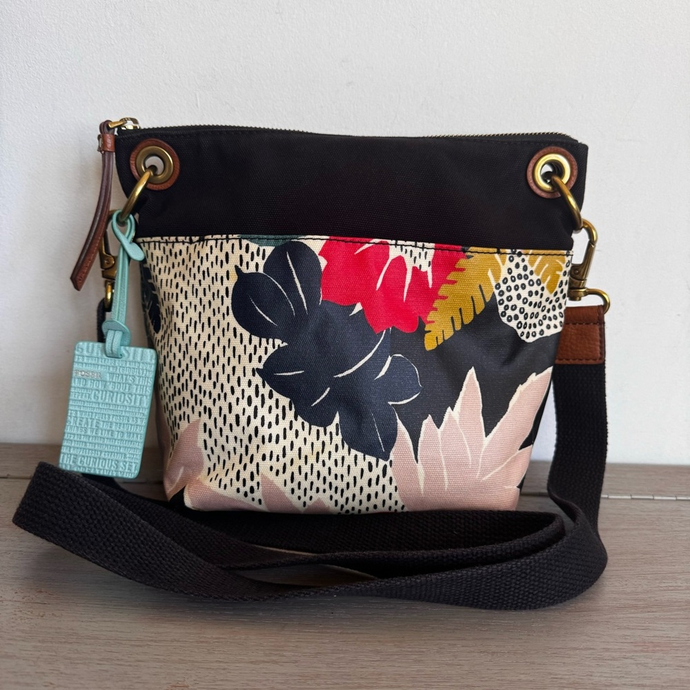Fossil Keely Bucket Crossbody Bag Multicolor Tropical‎ Floral Print Purse Retro
